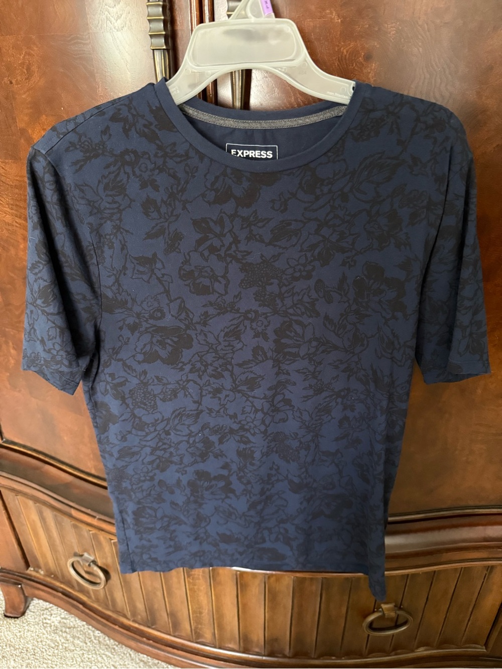 Express Navy and Black Floral Crewneck Short Sleeve Tee